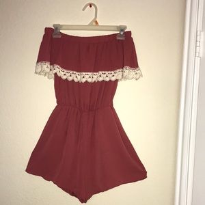 Off The Shoulder Romper with Lace. Watermelon pink